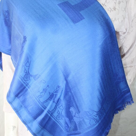 HERMES Scarf Shawl Wrap Stole 65% Cashmere 35% Silk Blue Used - Picture 1 of 14